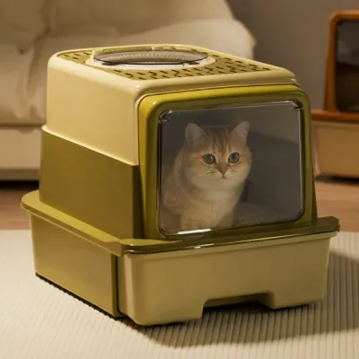Cat sitting inside extra large enclosed cat litter box with transparent front door in home environment