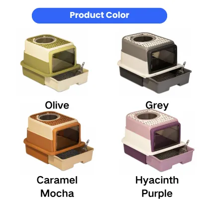 Extra large covered cat litter box available in olive grey caramel mocha and hyacinth purple colors