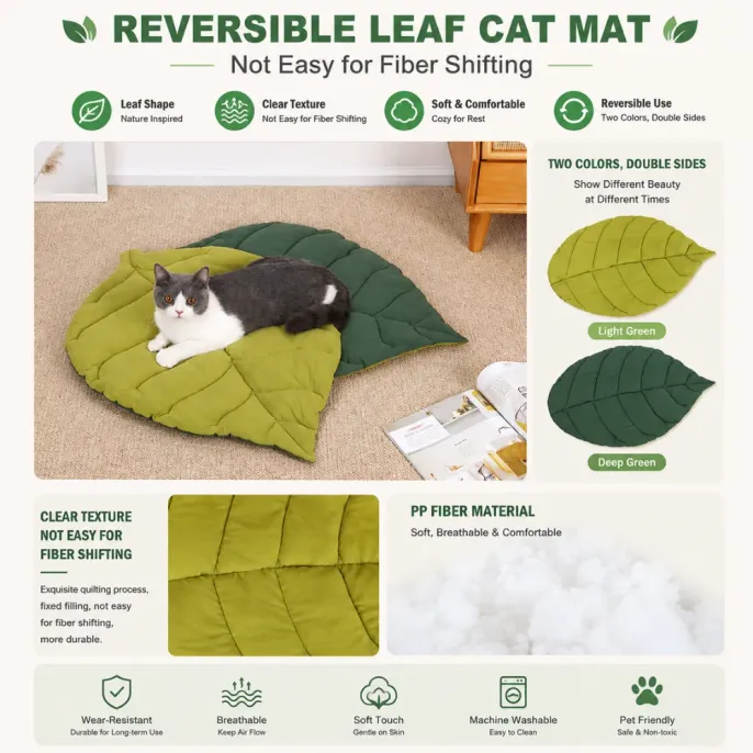 Soft reversible leaf cat cushion mat made of PP fiber material with quilted texture