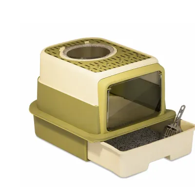 Olive green enclosed cat litter box with pull-out drawer and scoop for easy cleaning