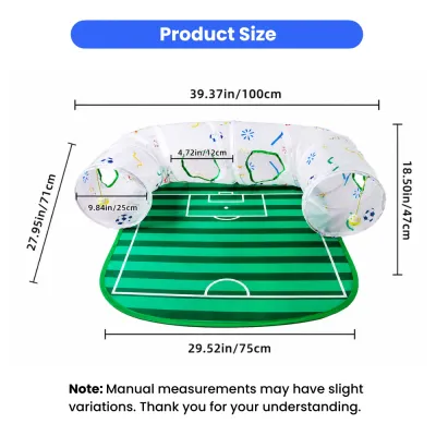 World Cup Cat Tunnel Play Set Size and Dimensions Dimensions of World Cup cat tunnel play set showing tunnel length, mat size, and entrance diameter