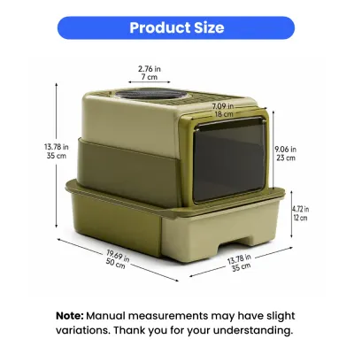 Extra large enclosed cat litter box dimensions with measurements in inches and centimeters