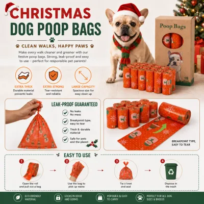 Christmas Dog Poop Bags 18 Rolls Bulk Pack with Recycled Paper Core | Petfairs 18 rolls of Christmas dog poop bags with festive snowflake and snowman patterns in eco-friendly retail packaging