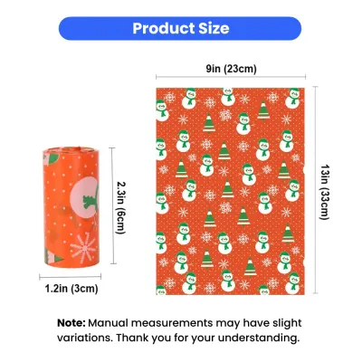 Christmas Dog Poop Bags Size Guide Size chart of Christmas dog poop bags measuring 9 x 13 inches with leak-proof design