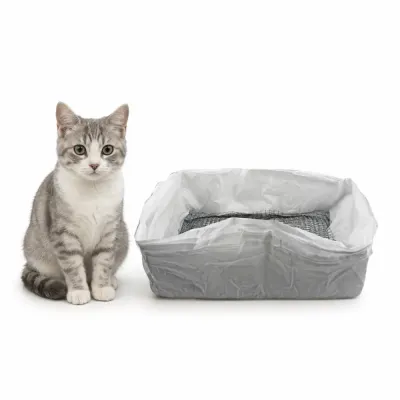 Reusable Cat Litter Mesh Filter Bag for Easy Cleaning Cat sitting beside reusable mesh cat litter filter bag designed for easy litter cleaning and waste separation
