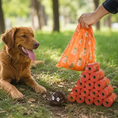 Christmas Dog Waste Bags Outdoor Walking Scene Dog owner using Christmas dog waste bags during outdoor walks with pet in park