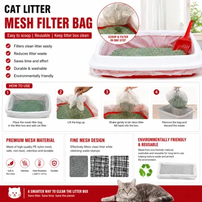 Reusable Cat Litter Mesh Filter Bag Easy Scoop System Cat litter mesh filter bag showing litter sifting process reusable material and easy cleaning features