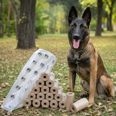 Eco-Friendly Dog Poop Bags for Large Dogs Outdoor Walks Large dog sitting beside biodegradable dog poop bag rolls in outdoor park setting