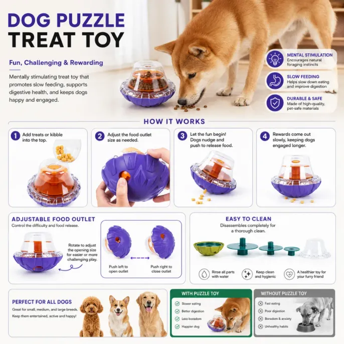 Interactive Slow Feeder Dog Puzzle Toy Features Dog puzzle treat toy with adjustable food outlet, slow feeding design, and easy cleaning structure