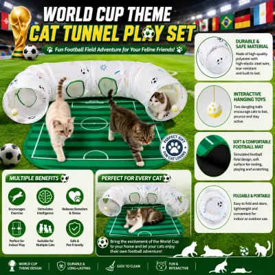 World Cup Theme Cat Tunnel Play Set Features and Benefits World Cup themed cat tunnel play set with football field mat, interactive hanging toys, durable polyester material, and foldable design
