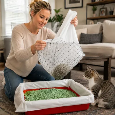 Easy-to-Use Cat Litter Filter Bag for Daily Cleaning Pet owner lifting reusable mesh litter filter bag to separate clean litter from waste beside a cat