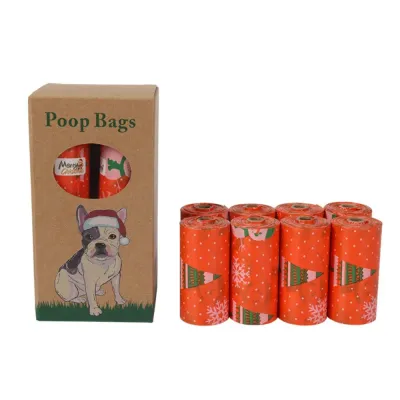 Christmas Dog Poop Bags 8 Rolls Wholesale Christmas dog poop bags with festive holiday print, 8 rolls leak-proof dog waste bags for pet stores and retailers