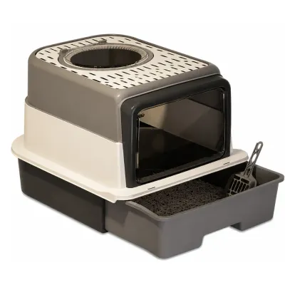 Grey extra large cat litter box with enclosed design and removable litter drawer