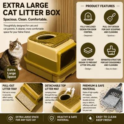 Extra large enclosed cat litter box with pull-out litter tray, odor control design and detachable top litter mat