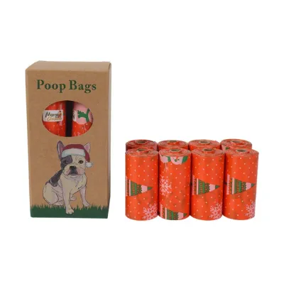 Wholesale Christmas Dog Poop Bags 8 Rolls Pack Wholesale Christmas dog poop bags with festive orange print and 8 rolls packaging