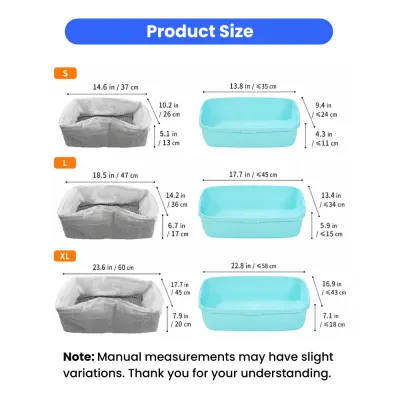Cat Litter Mesh Filter Bag Size Guide Size chart of reusable cat litter mesh filter bag available in S L and XL sizes for different litter boxes