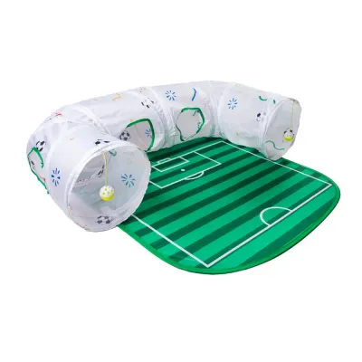 World Cup Theme Cat Tunnel Play Set with Football Field Mat World Cup themed cat tunnel play set featuring a football field mat, interactive hanging toys, and foldable tunnel for indoor cats