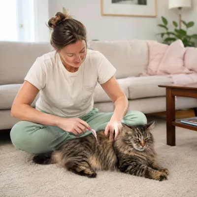 Cat Grooming Tool for Removing Mats and Loose Fur Pet owner using a pet dematting knife to remove tangles and loose fur from a long-haired cat.