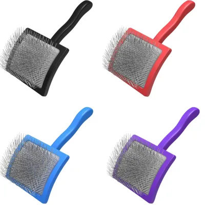 Professional pet slicker brush with stainless steel pins for dog and cat grooming, available in black, red, blue, and purple colors