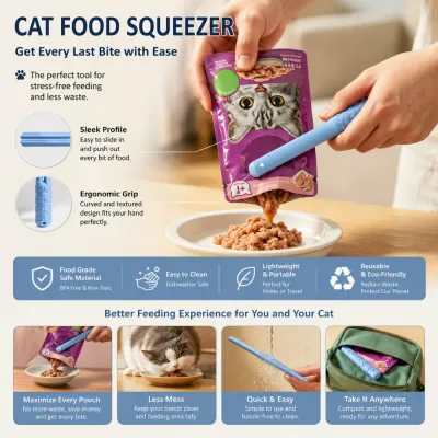 Reusable Cat Food Squeezer for Less Waste Feeding Reusable cat food pouch squeezer showing ergonomic grip, food-grade material, and easy feeding benefits.