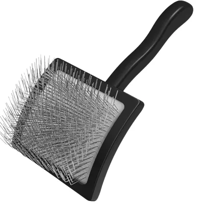 Close-up of black slicker brush for dogs with fine metal bristles and ergonomic handle