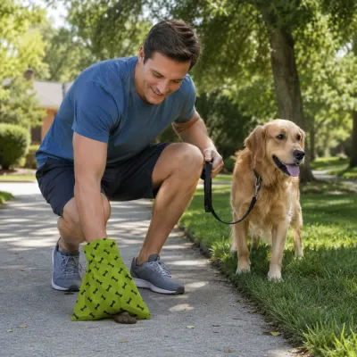 Dog Owner Using Dog Poop Bags During Outdoor Walk with Golden Retriever Dog owner picking up pet waste using green dog poop bag while walking a golden retriever outdoors