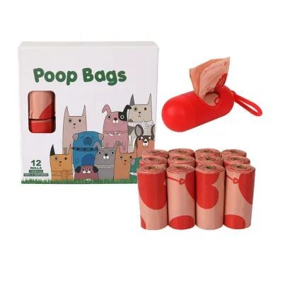 Heart-Themed Dog Poop Bags 12 Rolls Pack 12 rolls eco-friendly dog poop bags with heart print dispenser box and portable dispenser