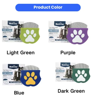 Pet flea comb available in light green, purple, blue, and dark green colors for dog and cat grooming.