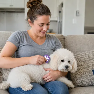 Pet owner using a purple flea comb to groom a white dog on a sofa at home.
