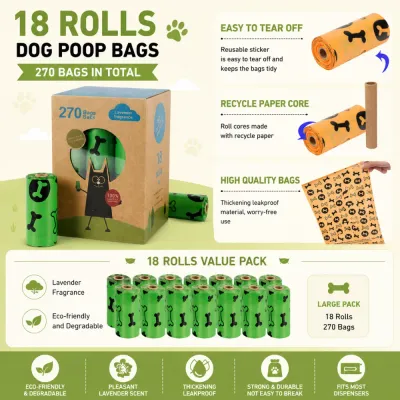 Eco Friendly Lavender Dog Poop Bags 18 Rolls Eco-friendly lavender scented dog poop bags with leak-proof design, easy tear rolls and recycled paper cores