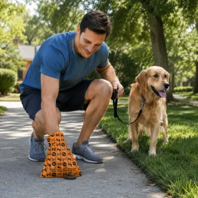 Dog Owner Using Eco-Friendly Poop Bags During Walk Pet owner picking up dog waste with biodegradable poop bag during outdoor walk