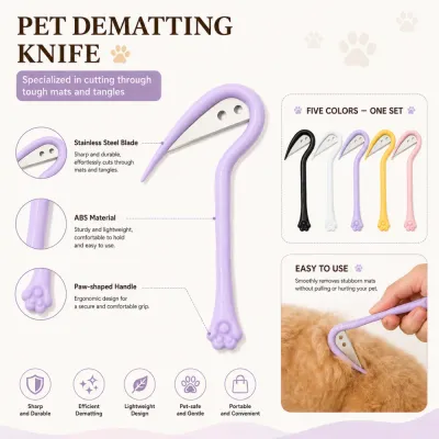 Pet Dematting Knife with Stainless Steel Blade and Ergonomic Handle Pet dematting knife featuring a stainless steel blade, ABS handle, and ergonomic paw-shaped grip.