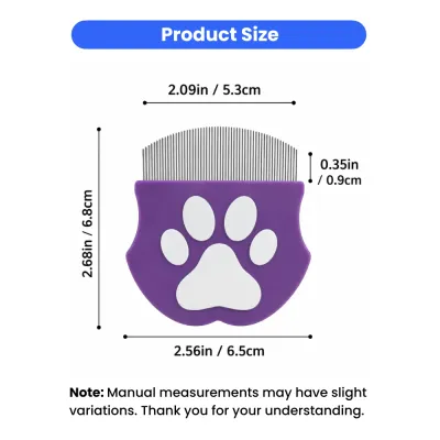 Size dimensions of a compact purple pet flea comb with fine stainless steel teeth for dogs and cats.