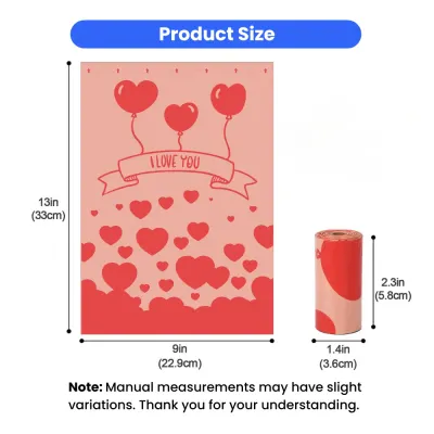 Heart-Themed Dog Poop Bag Size Guide heart-themed dog poop bag dimensions 13 inches by 9 inches with roll size specifications