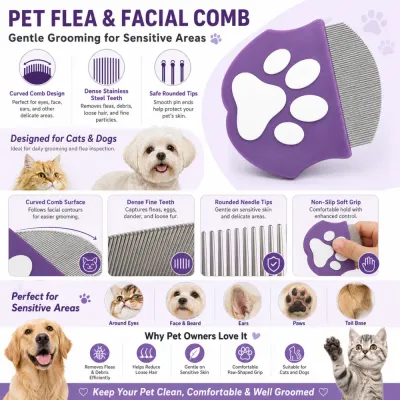 Pet flea and facial comb featuring dense stainless steel teeth, rounded tips, and ergonomic paw-shaped grip for dogs and cats.