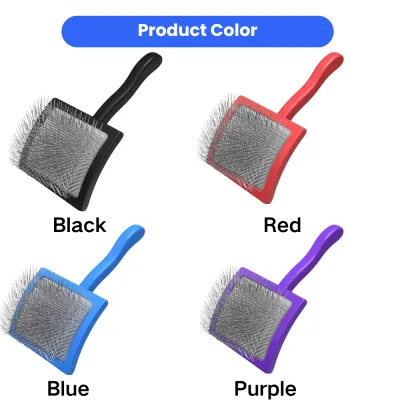 Four-color slicker dog brushes in black, red, blue, and purple for pet grooming