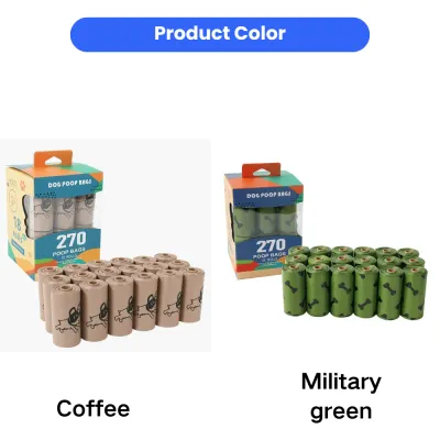 Dog Poop Bags Color Options Coffee and Military Green 18 Rolls Dog poop bags available in coffee and military green colors with 18 rolls and 270 bags per pack