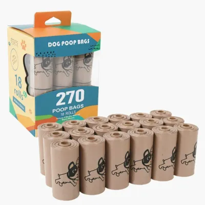 Coffee Color Dog Poop Bags Bulk Pack 18 Rolls 270 Bags Coffee color dog poop bags with dog print design containing 18 rolls and 270 bags for wholesale supply