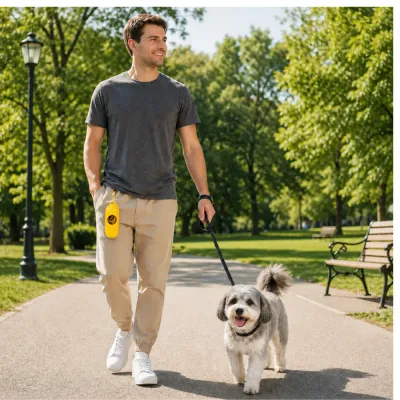 Dog Walking with Portable Dog Poop Bag Dispenser Pet owner walking dog in park with portable dog poop bag dispenser attached for easy waste cleanup