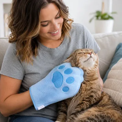 Cat Grooming with Soft Microfiber Pet Towel Pet owner using a soft microfiber towel to dry and groom a cat at home