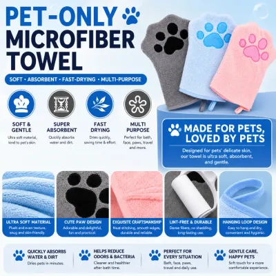 Soft Absorbent Pet Microfiber Towel with Paw Design Highly absorbent microfiber pet towel with cute paw design for fast drying