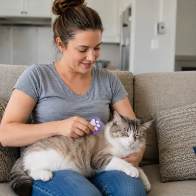 Pet owner grooming a cat with a purple fine tooth flea comb on a sofa.
