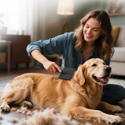 Smiling woman brushing dog coat indoors with pet grooming slicker brush, loose fur visible