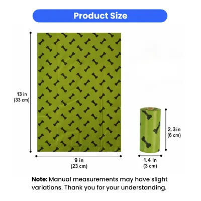 Dog Poop Bag Size Guide 13 x 9 Inch Waste Bags with Roll Dimensions Dog poop bag dimensions showing 13 inch by 9 inch waste bags and compact roll size