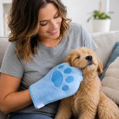 Dog Drying Mitt Towel for Home Grooming Pet owner using a paw-shaped microfiber drying towel on a small dog