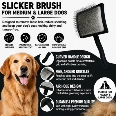 Dog grooming slicker brush infographic showing features like deshedding, comfort grip, and curved handle