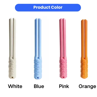 Cat Food Squeezer Available in Multiple Colors Cat food pouch squeezers in white, blue, pink, and orange colors for pet feeding accessories.