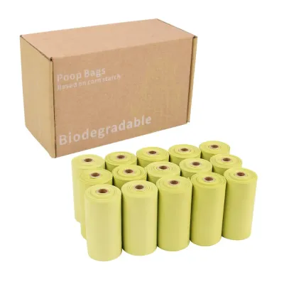 Biodegradable Dog Poop Bags Bulk Pack White Background 15 rolls of biodegradable dog poop bags with recyclable packaging displayed on white background