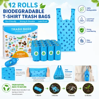 Leak-Proof Biodegradable Dog Poop Bags with Free Dispenser Eco-friendly biodegradable dog poop bags with dispenser, odor control, leak-proof design, and strong load-bearing capacity