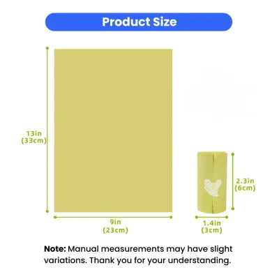 Dog Poop Bag Roll Size and Bag Dimensions Size chart showing dog poop bag dimensions and roll measurements for biodegradable waste bags